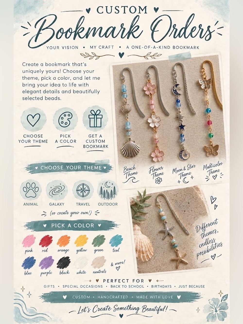 Handcrafted CUSTOM Bookmarks with charms and beads of your choice